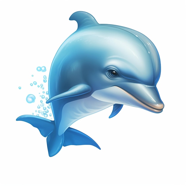 A dolphin with blue fins and blue tail is swimming in the water.