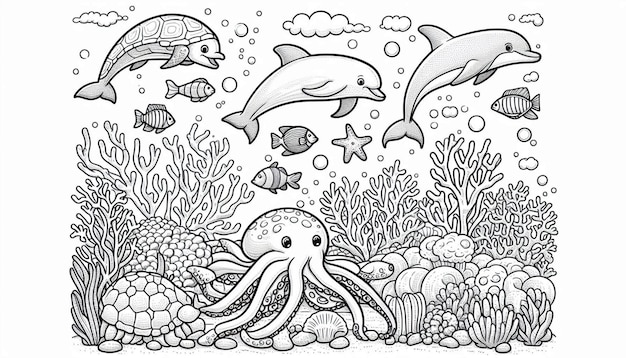 Photo dolphins in coral reef coloring page