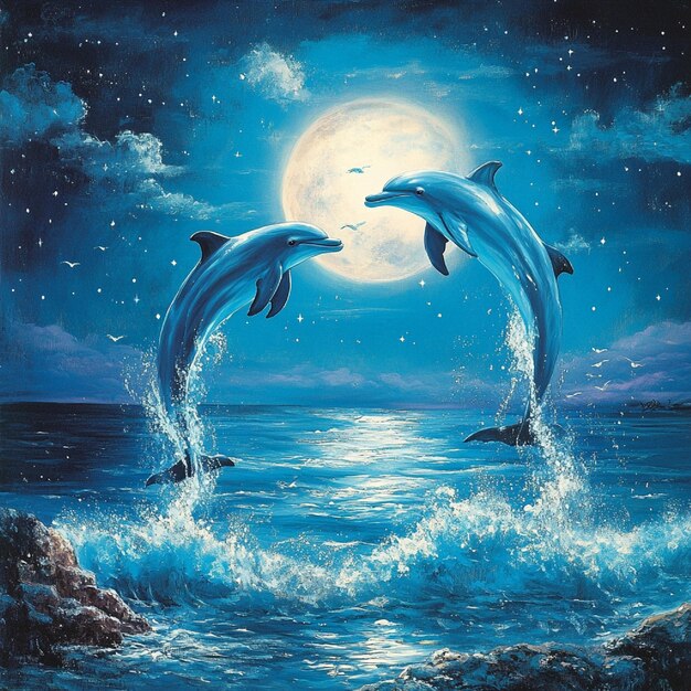 Photo dolphins dancing in the moonlit sea