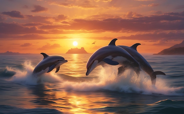 Dolphins jumping out of the water at sunset