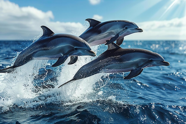 Photo dolphins jumping out of the water with the sun behind them