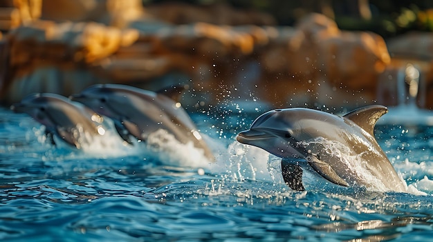 dolphins jumping in the water with rocks in the background