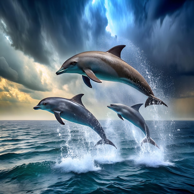 dolphins jumping in the water with the sky in the background