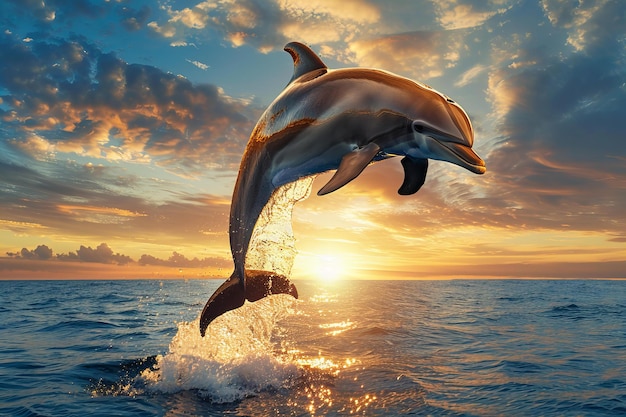 dolphins jumping in the water with the sun setting behind them