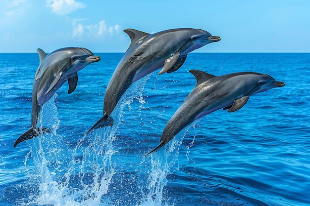 dolphins jumping in the water with a wave in the background