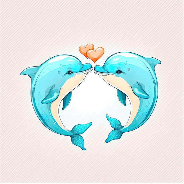 Dolphins kissing Cute cartoon with two animals in love romantic illustration Template for Valentine day Blue colors Generative AI