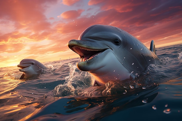 Dolphins in the Ocean with a Rainbow Sky Background