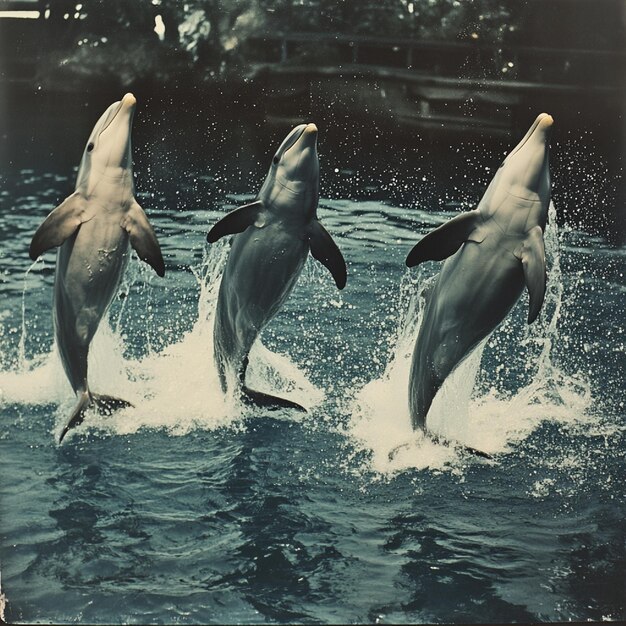 Photo dolphins performing synchronized jumps and flips