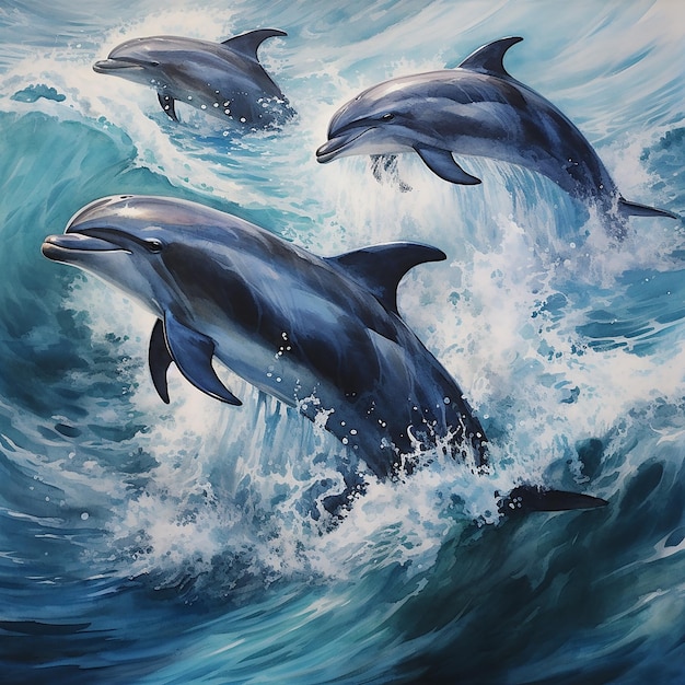 Dolphins splashing in the turbulent ocean waves