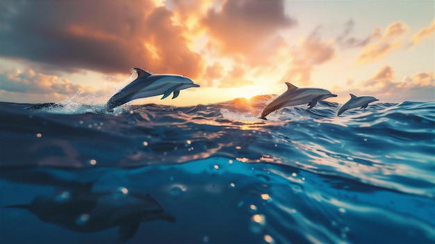 dolphins swimming in the ocean at sunset