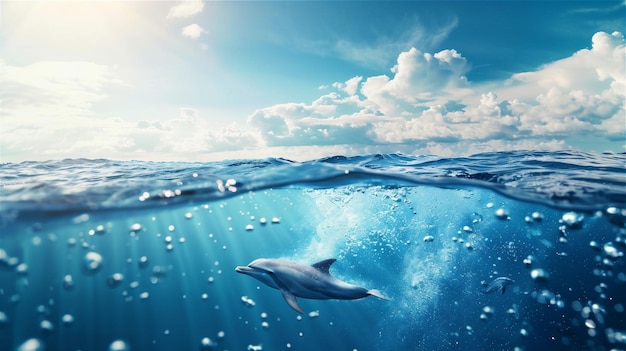 dolphins swimming in the ocean with sun rays