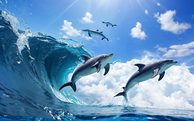 dolphins swimming in the ocean with the sun shining through the water