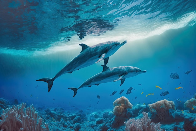 Dolphins swimming in the red seas crystal clear blue waters