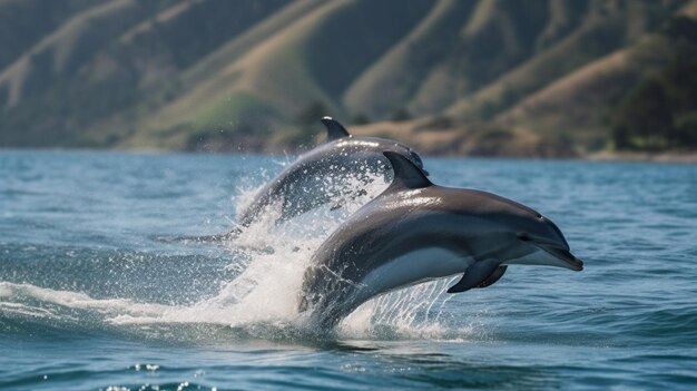 Dolphins in the water with a mountain in the background