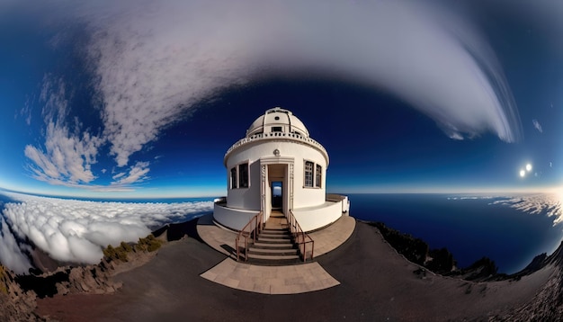 A dome on a mountain with clouds in the background