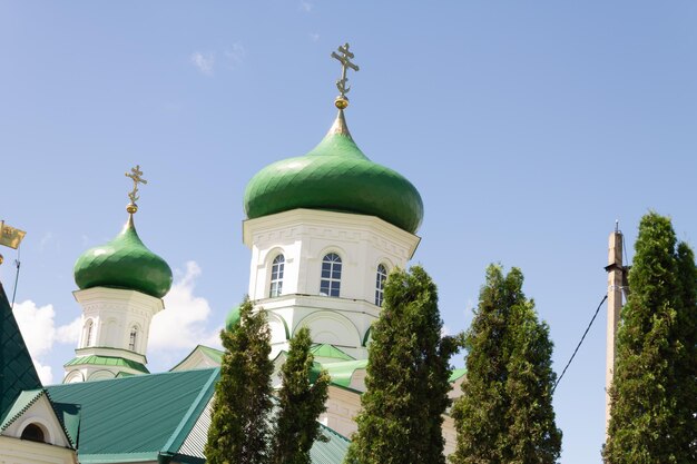 Domes Russian Christian Orthodox Church with domes and a cross against the sky