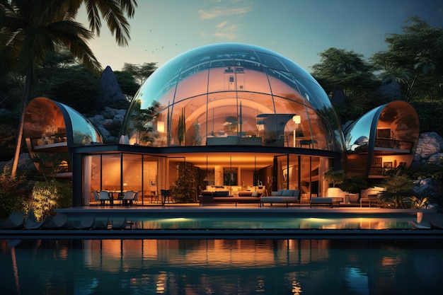 A domeshaped glass house with a futuristic cyberpunk style creates an otherworldly living space Generative AI