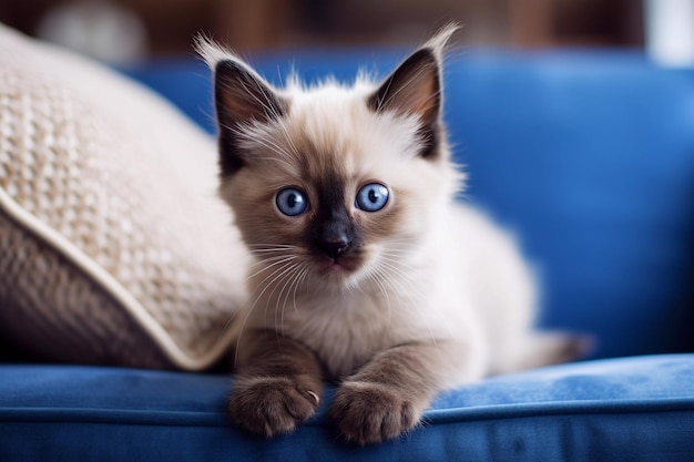 Domestic Animal Concept Portrait of cute kitten in living room at home free copy space