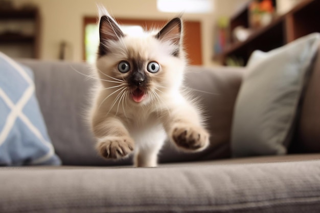 Domestic Animal Concept Portrait of cute kitten in living room at home free copy space