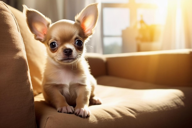 Domestic Animal Concept Portrait of cute puppy in living room at home free copy space