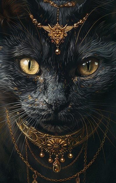 domestic black cat with gold jewelry