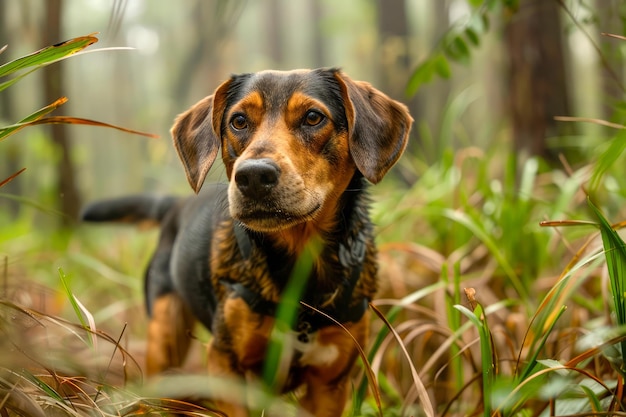 Domestic canine exploring the lush green forest curiously gazing amid tall grass Portrait of an