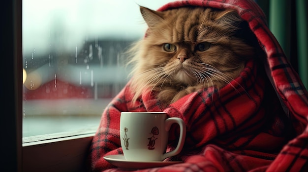 A domestic cat looks out the window at the rain in a warm knitted blanket Generative AI