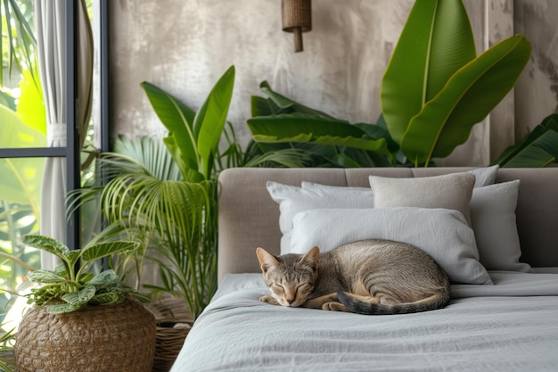 Domestic cat pet sleeping on the gray bed in modern Bali style interior of bedroom