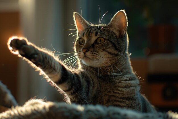 Photo a domestic cat stretches its paw in the warm sunlight