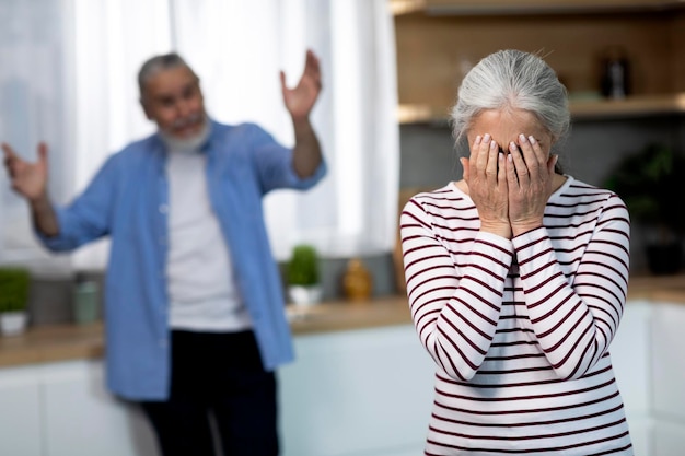 Domestic Conflicts Portrait Of Senior Couple Quarreling In Kitchen Interior