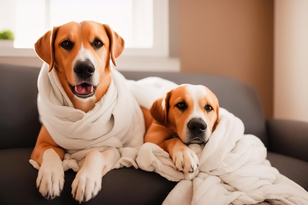 Domestic dog labrador lies on the couch Generative AI