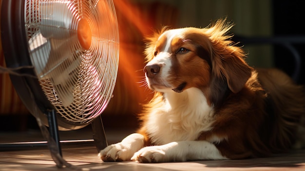 Domestic dog seeks relief from hot summer heat with fan