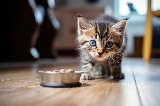 Photo domestic kitty with food bowl concept of kitten food selection