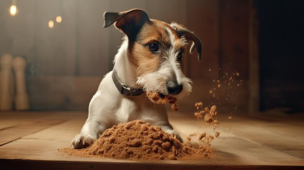 Domestic life with pet Feeding hungry dog The owner gives his dog a bowl of granules