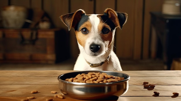 Domestic life with pet Feeding hungry dog The owner gives his dog a bowl of granules