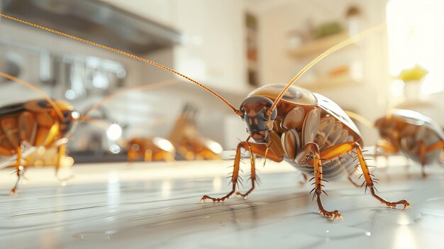 Domestic pests on kitchen floor in a realistic scene Cockroaches in a household setting Concept of infestation cleanliness and domestic pest control