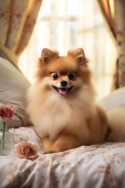 Domestic Pomeranian Dog Sitting On The Bed