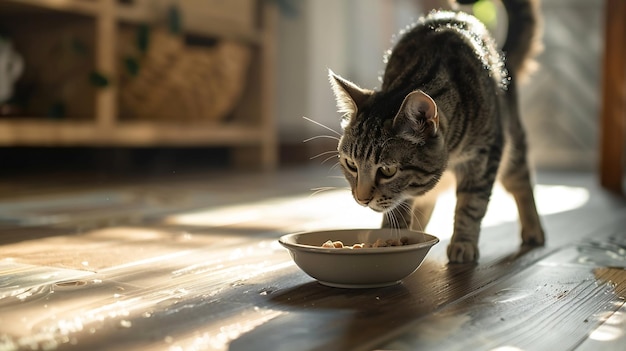 Domestic tabby cat approaches a bowl of food bright sunlight falls on the floor and Generative AI