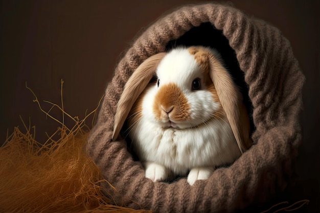 Photo domestic white and brown fluffy pet with eggs in burrow fat rabbit in sweater with long ears