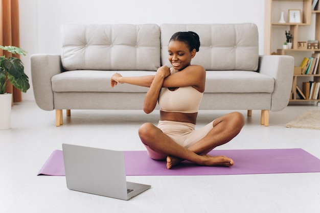 Domestic Workout Young Sporty Black Woman Doing Plank Exercise At Home Training In Living Room