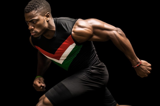 Dominica flag on handsome young muscular man black background