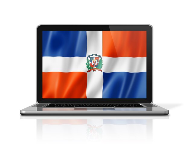 Dominican Republic flag on laptop screen isolated on white. 3D illustration render.