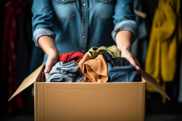 Donation box full of clothing items clothing donation box donation box a woman holding a clothes