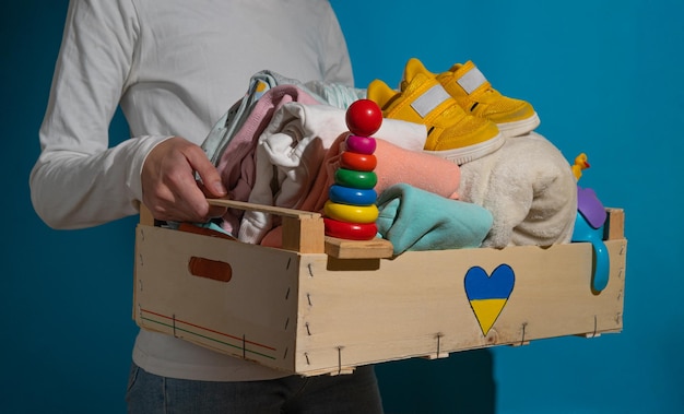 Donation box with childrens things and toys for ukrainian refugees