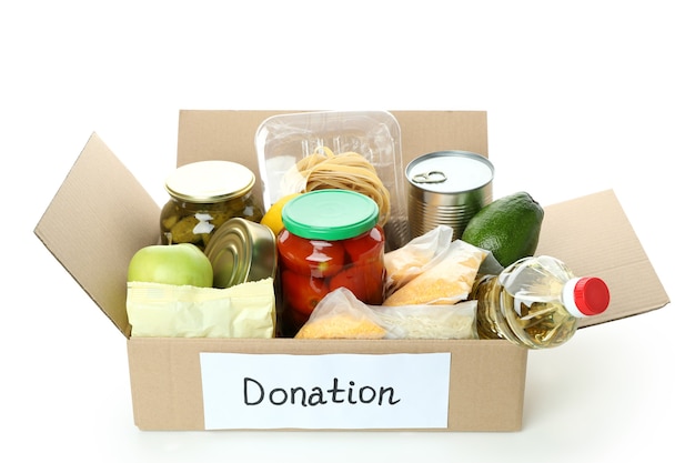 Donation box with food isolated on white background