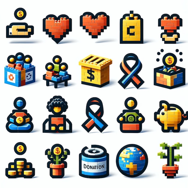 Donation and charity care icons set made from lego blocks