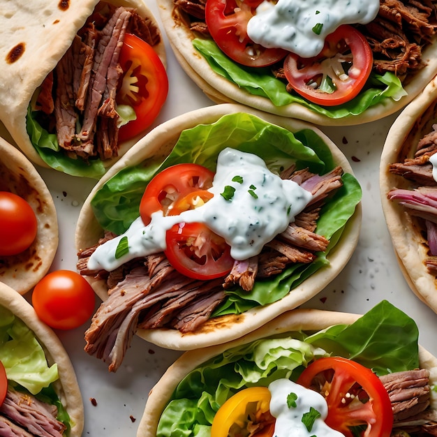 Photo doner kebab with grilled chicken meat and vegetables in pita bread