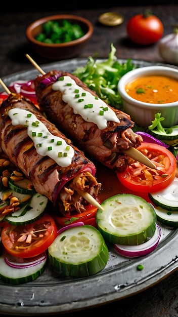 Photo doner kebab with grilled chicken meat and vegetables in pita bread