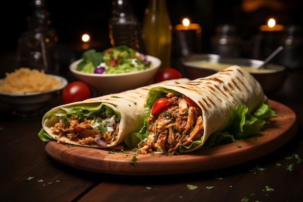 Doner kebab on a wooden board Shawarma with meat and vegetables