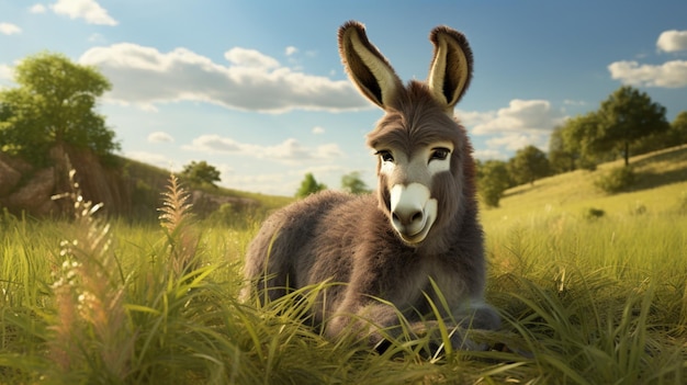 Donkey animal laying in over grass image Generative AI